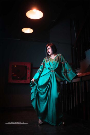 Black Shamose Silk Kaftan with Gold Crystal Embellishments | Luxury Designer Kaftan – Meeshas