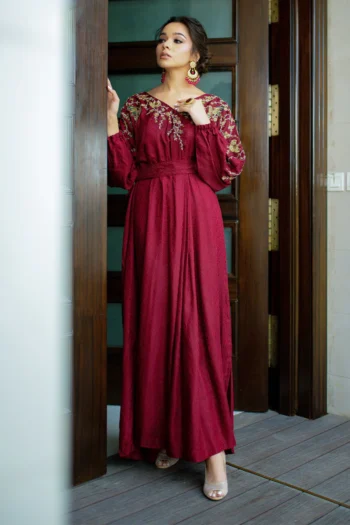 Blood Red Embroidered Silk Kaftan Set