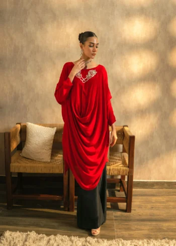 Fay by Souchaj – Red Raw Silk Kaftan Set