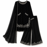 Black Silver Embroidered 3 Piece Formal Suit with Dupatta