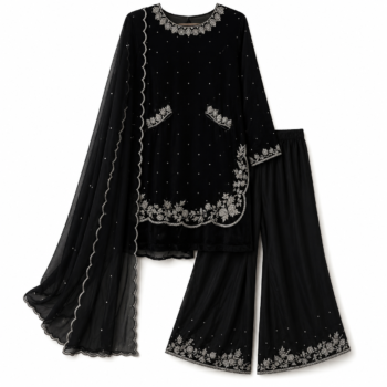 Black Silver Embroidered 3 Piece Formal Suit with Dupatta